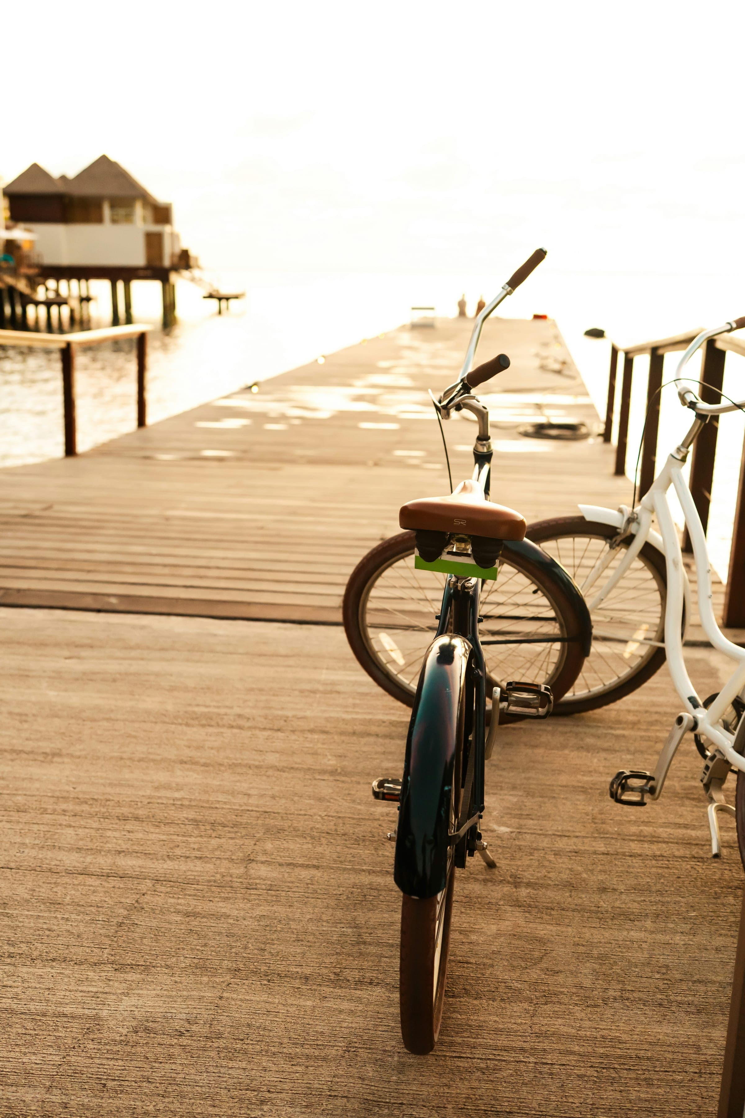 A bicycle at dusk, water bungalows in the distance